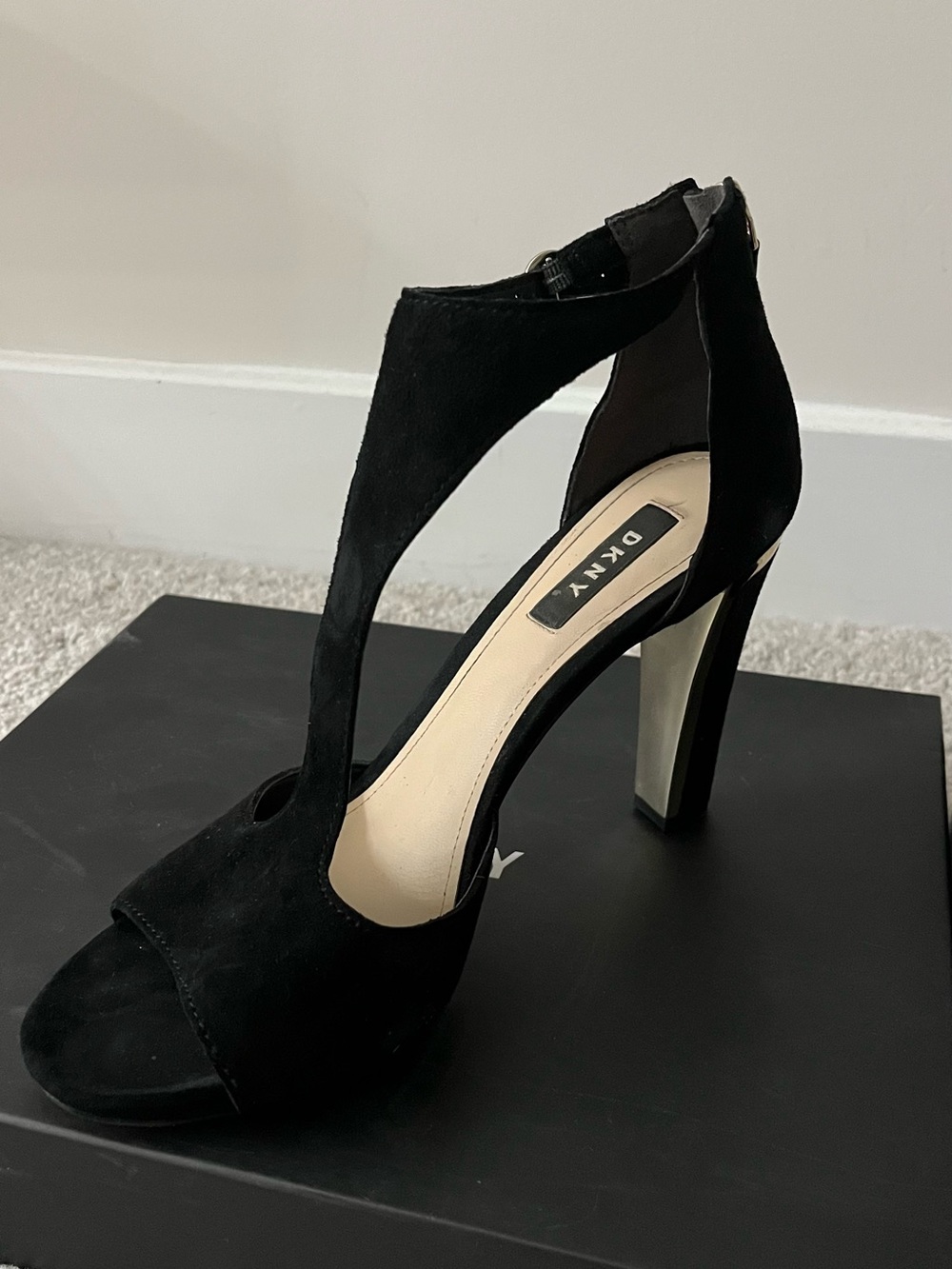DKNY Black Suede T-Strap High Heel Sandal with Metallic Heel